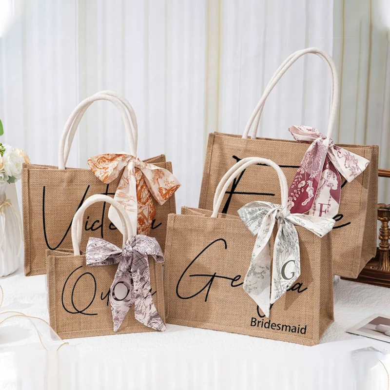Personalized Bridesmaid Burlap Tote Bags Custom Wedding Jute