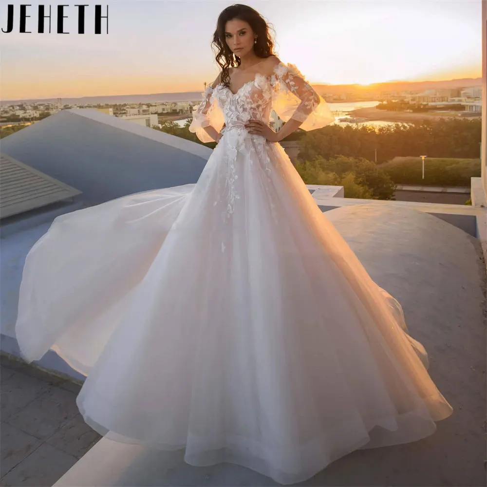 

JEHETH Bohemia A-Line Puff Sleeves Wedding Gowns Princess Backless Off Shoulder Bridal Dresses Lace V-Neck Vestidos Branco 2024