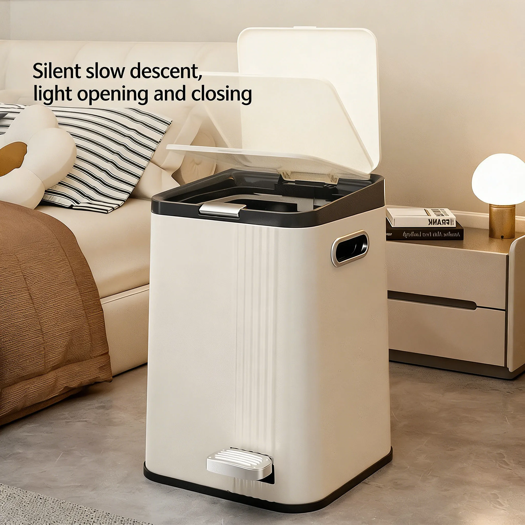 페달식 쓰레기통, 무소음 슬로우 클로즈, 누름식 뚜껑, 가정용 거실 침실용 대용량 쓰레기통
