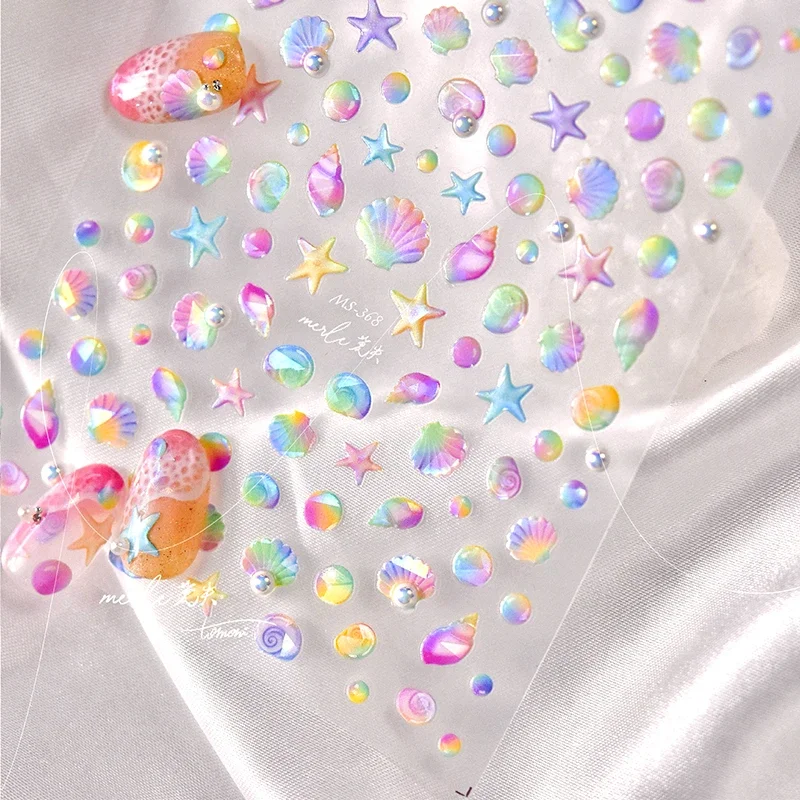 Fantasy Beach Summer Dreamy Colorful Seasnail Shell Pearl Conch Jelly Star 5D Decals Soft Relief 3D Decoration Nail Art Stickers 5