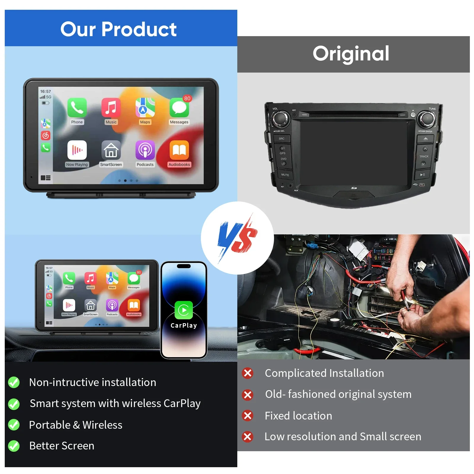 2026 New HD 7” Universal CarPlay Android Auto Car Radio Multimedia Video Player IPS Touch Screen with AUX USB Rearview Camera