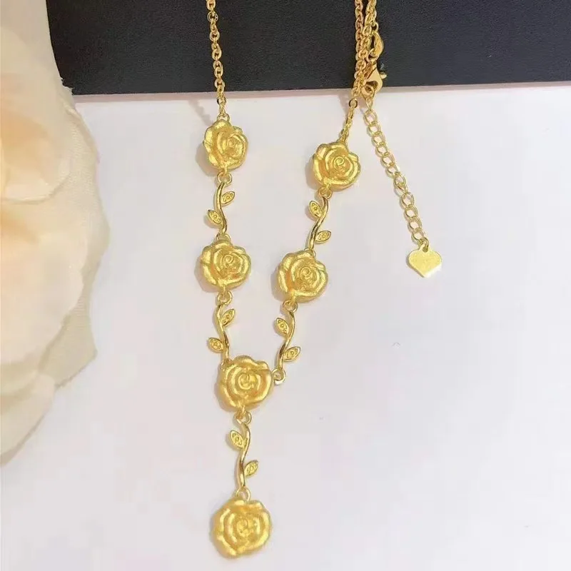 

Fashion 100% 18k Gold Color Vintage Branch Rose Pendant Necklace Clavicle Chain for Women Party Fine Jewelry Gifts