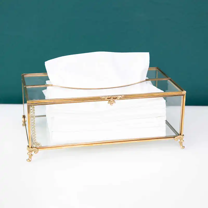 Vintage Brass Glass Tissue Box Living Room paper Storage Holder Tea Table Desktop Paper Box Hotel Restaurant Tissue Organizer 2