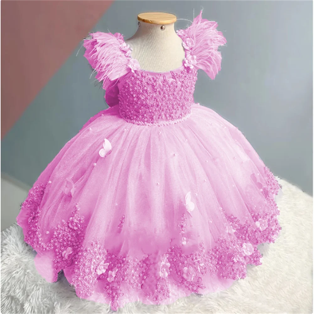 

3D Butterfly luxury Feather Flower Girl Dress Wedding Pink With Pearls Bow Puffy Tulle Birthday Party Baptism Communion Gown