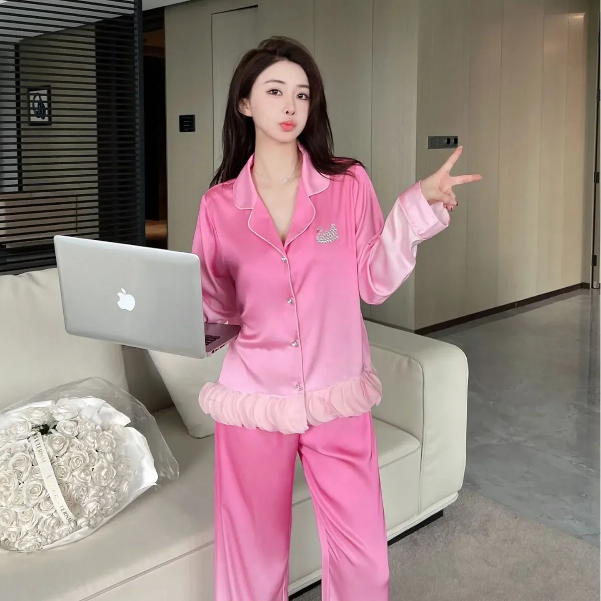 فضفاض الجليد لباس نوم من الحرير المرأة التدرج حجر...