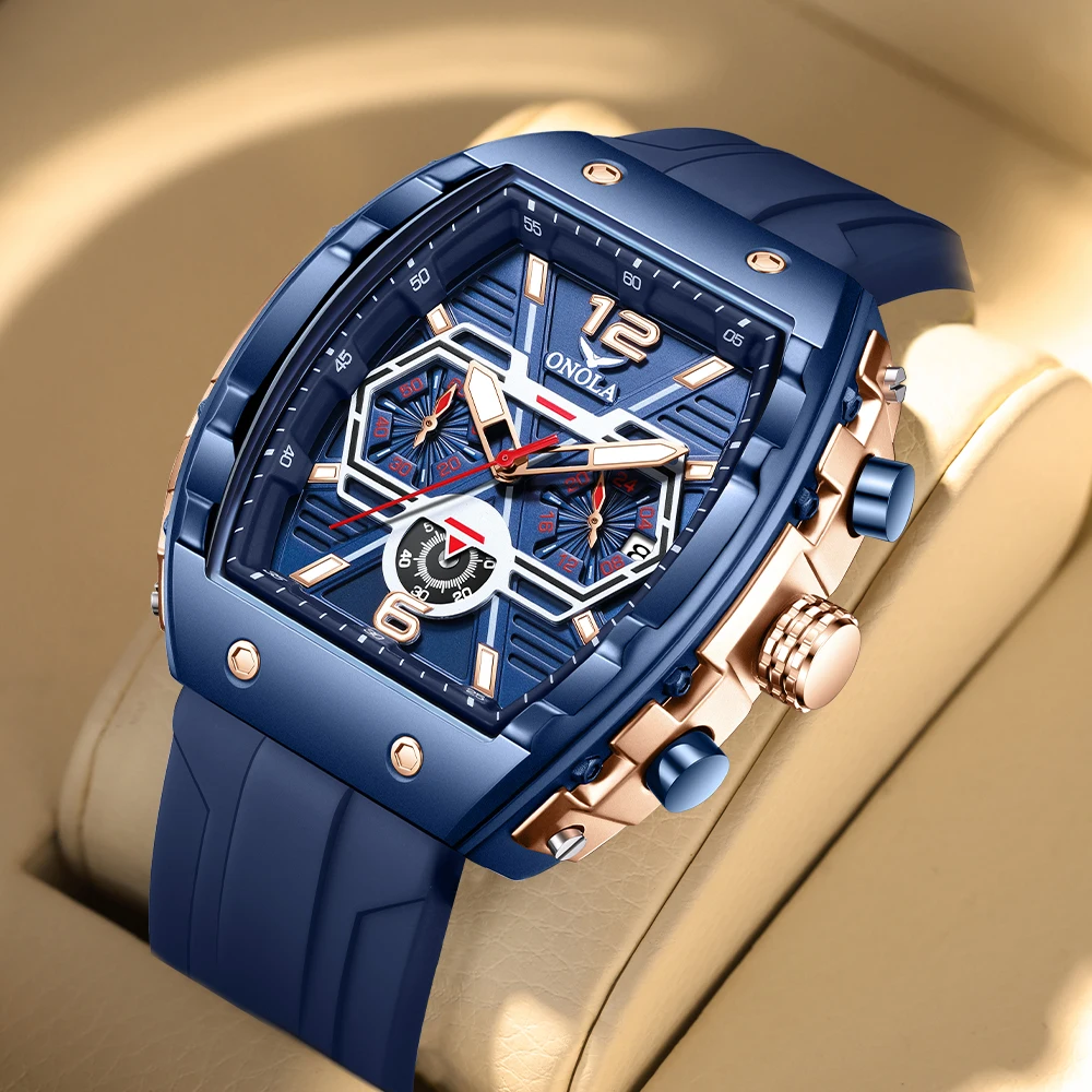 ONOLA New Tonneau Quartz Wristwatch Business Blue Multifunctional Sport Watches Trandy Design Silicone Strap Clock Dropshipping