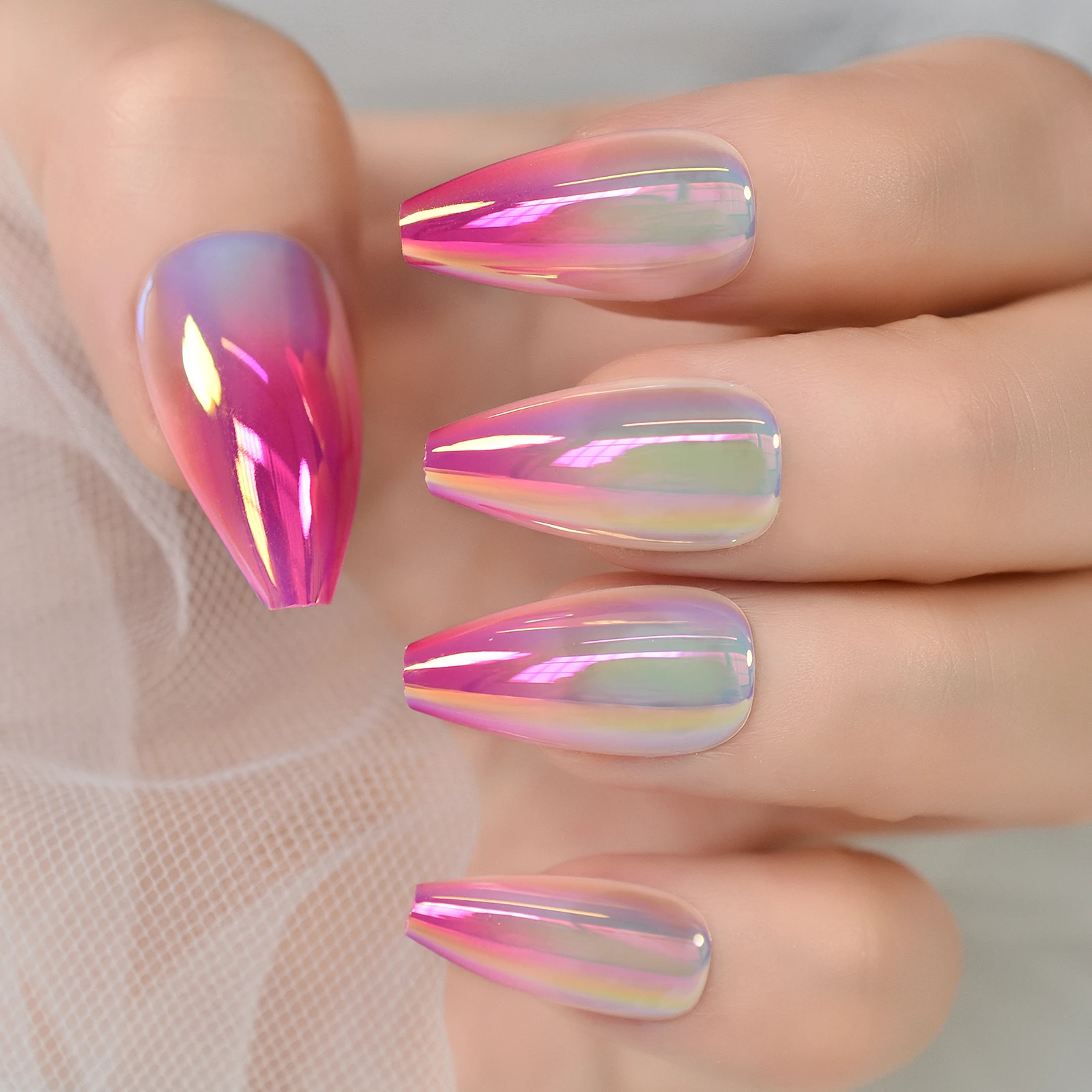 Metallic Ombre Nails Long Gorgeous Gradient Ballerina Fake Press On Nails  Super Bright Manicure Mirror Designed Tips - False Nails - AliExpress