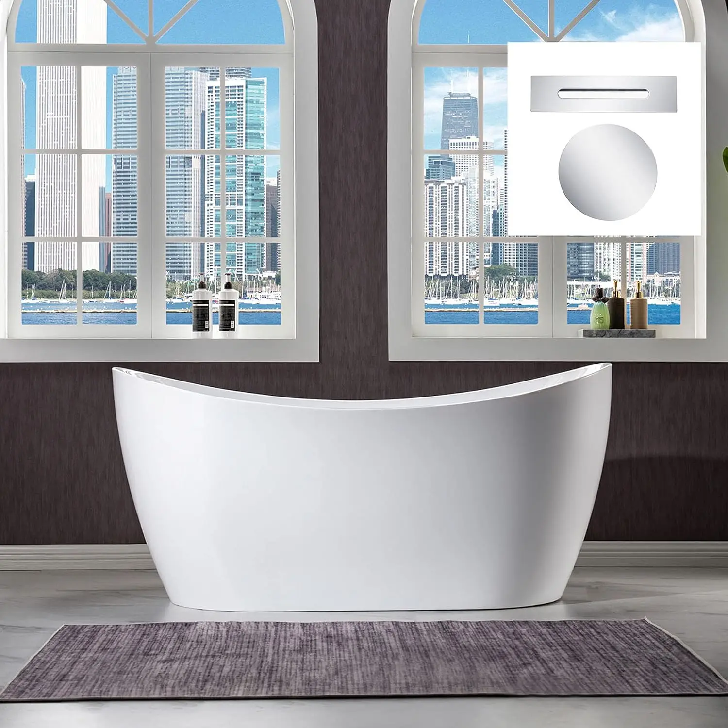 59 inch Acrylic Freestanding Bathtub Contemporary Soaking White Tub with Chrome Overflow and Drain for long lasting durability