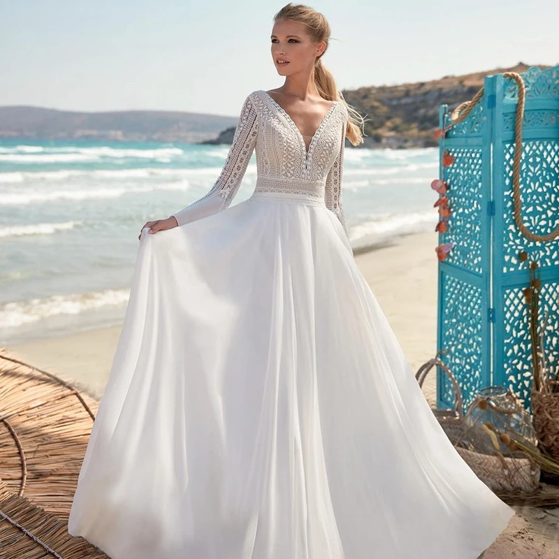 

Vintage 2023 Lace V Neck Wedding Dresses Long Sleeves Beach Boho Wedding Gown Rode De Marrie Brides Lace Top Satin Bride Dress