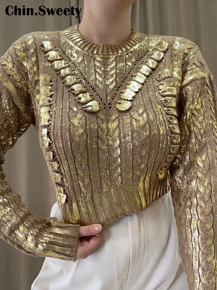 

Metallic Foil Cable-knit Streetwear Pullover Women O Neck Long Sleeve Sweaters Female 2023 Winter Casual Slim Office Jumper