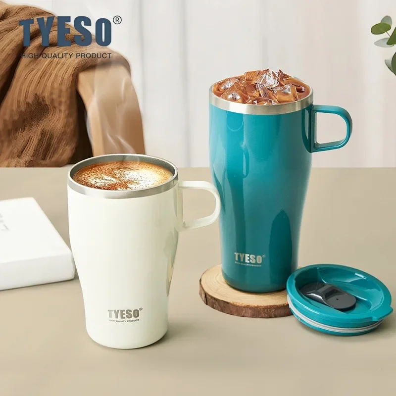 Tyeso Coffee Tumbler with Handle Portable Thermal Travel Mug for Hot Cold Drinks Stainless Steel Insulated Office Home Outdoor