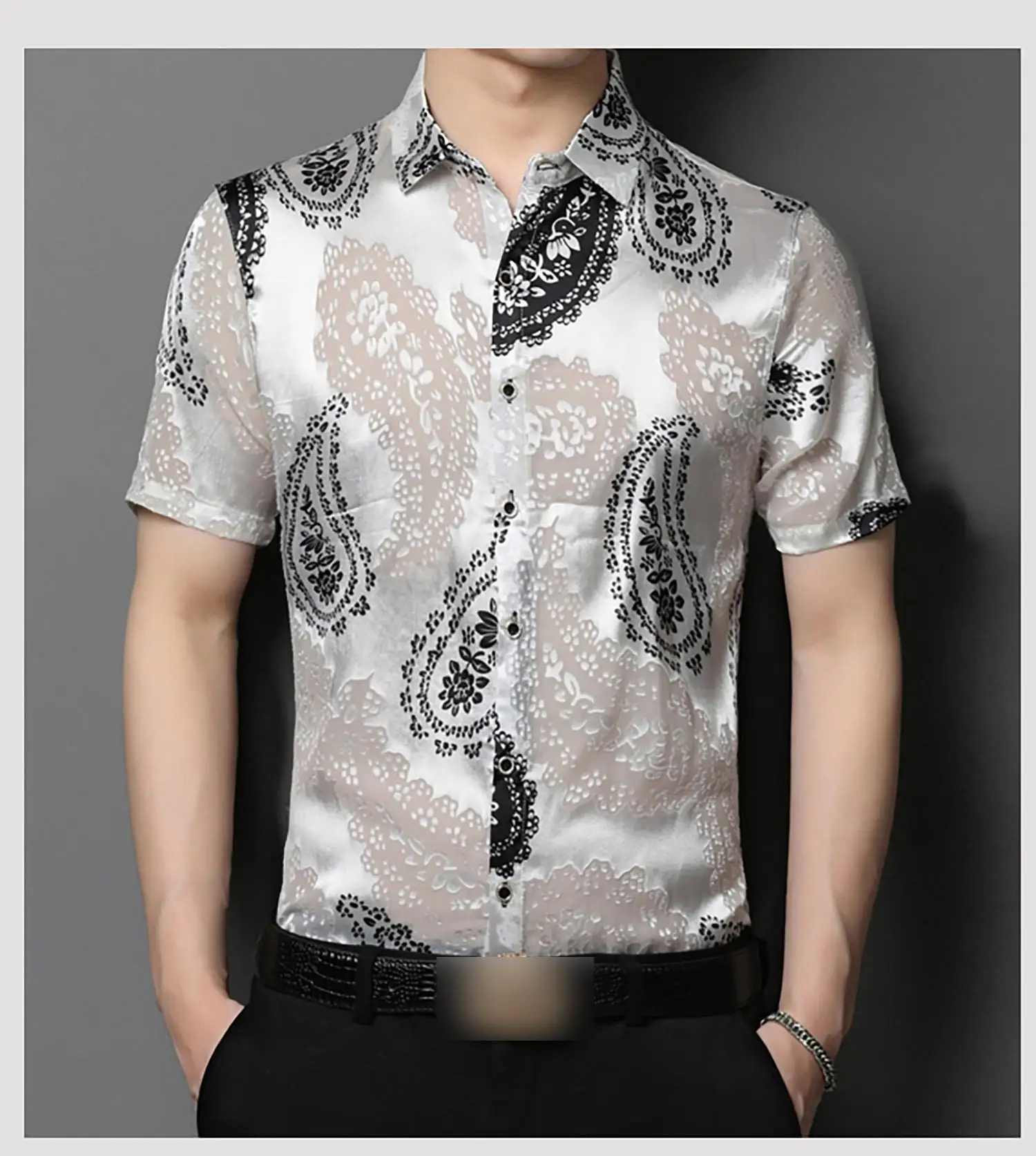 

Mens Paisley Pattern See Through Shirt Short Sleeve Button Down Collared Tops Summer White Black
