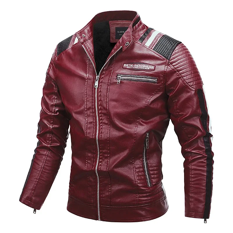 Men's Motorcycle Jacket Stand Neck Thickened Warm Cuff Zipper Tight Fashion Leather Jacket High Quality Casual PU Leather Jacket
