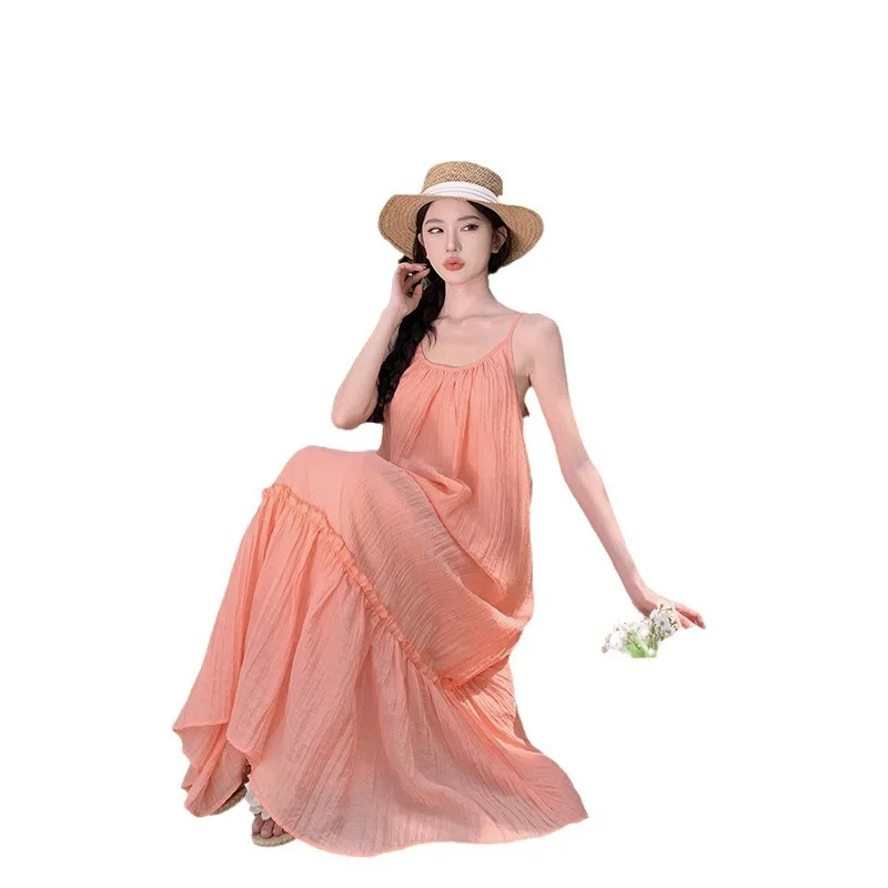 thumbnail image 1 of Vestidos largos de playa para mujer, color naranja, sin espalda, línea A, 1 of 5