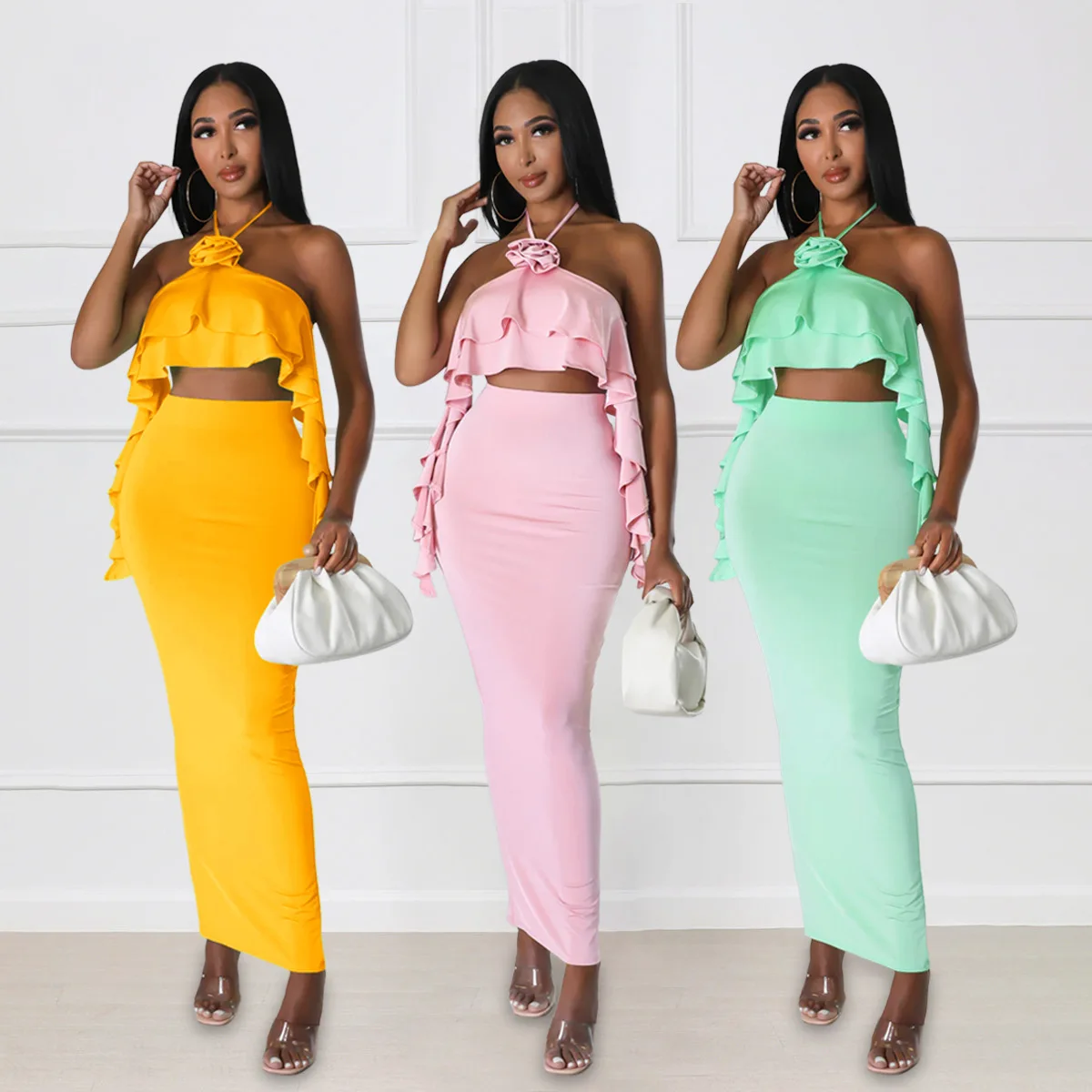 

Summer Sexy Fashion Party Split Dress Sets Flounce Two Piece Sets Elegant Women Strapless Short Top and Skirts Outfits Clothes