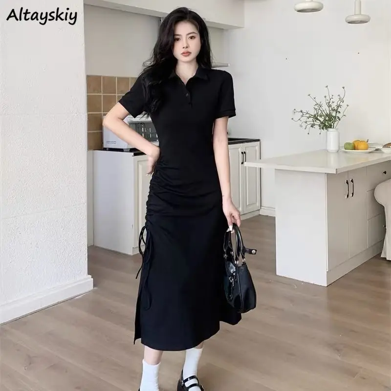 

Dresses Women Slim Shirring Design Short Sleeve Solid Simple Korean Style Leisure Elegant Long Vestidos Summer Basic Students