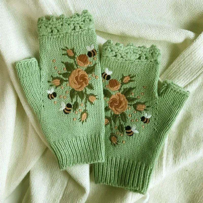 

Half Finger Gloves Women Knitted Fingerless Winter Gloves Soft Crochet Bee Knitting Faux Wool Fingerless Gloves Wrist Warmer