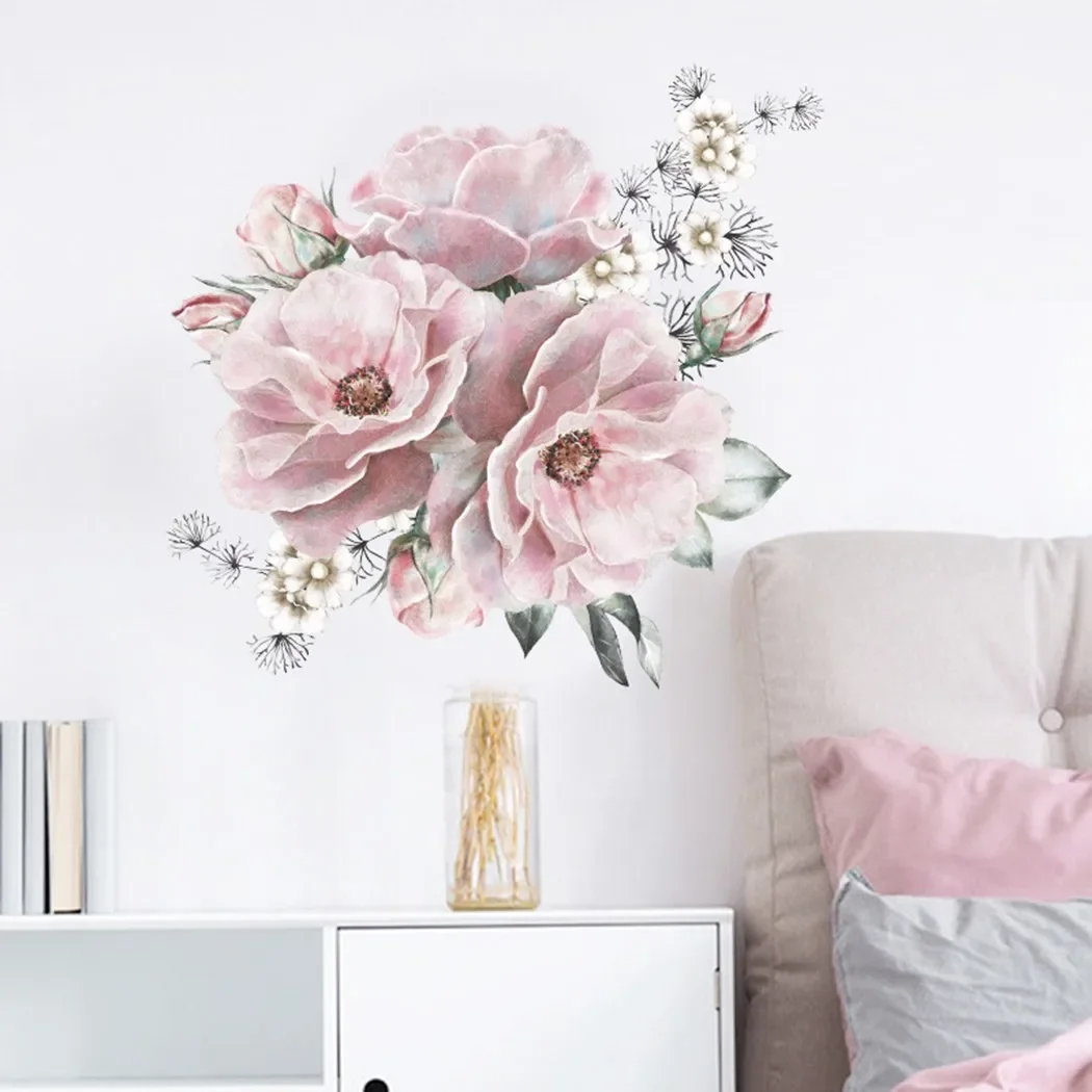 Peony Rose Flowers Print Wallpaper Stickers Living Room Bedroom Hotel Room Decoration DIY Vinyl Wall Decal Baby Nursery Decor wall stickers wall sticker