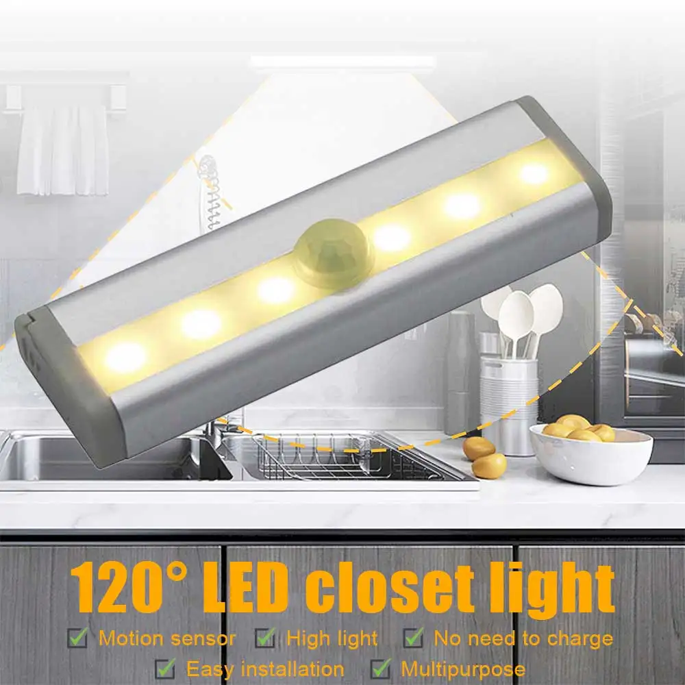 

6/10 LED PIR Motion Sensor Lamp Wireless Under Cabinet Light Cupboard Wardrobe Bed Lamp for Bedroom Bedside Kitchen Stairs