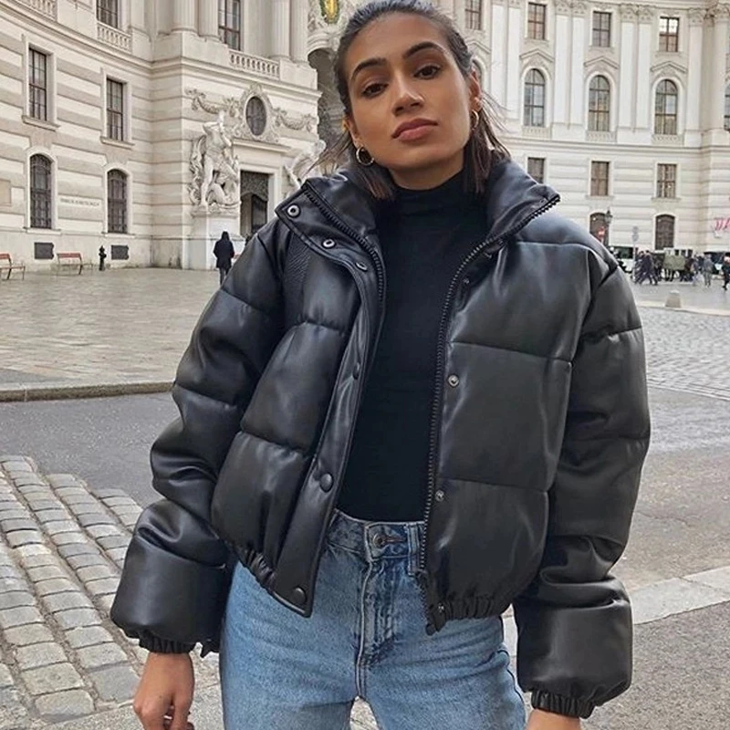 

Streetwear Cotton Padded Coats 2022 Warm Thick PU Leather Women Short Parkas Lady Elegant Zipper Winter Y2k Fashion Down Jacket