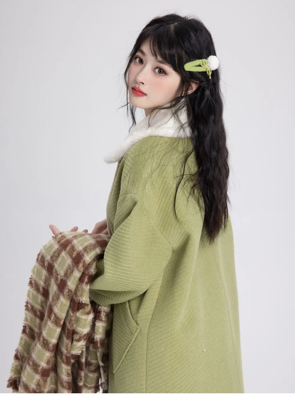 Korean Woolen Coat Women'S Doll Collar Coat Autumn Winter Thickened Woolen Coats Single-Breasted Long Sleeves Pockets Jacket