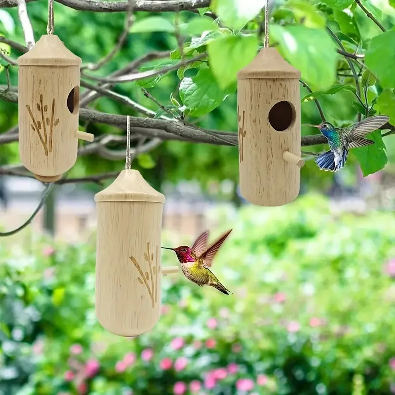 Kolibri-Haus Aus Holz Zum Aufhängen – 3 Stück, Mit Hanfseil, Für Garten & Balkon