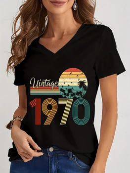Vintage dal 1970 al 1979 T-shirt con stampa 3D Donna Streetwear T-shirt casual Y2k Top Donna Harajuku Con scollo a V Tees Abbigliamento oversize 1