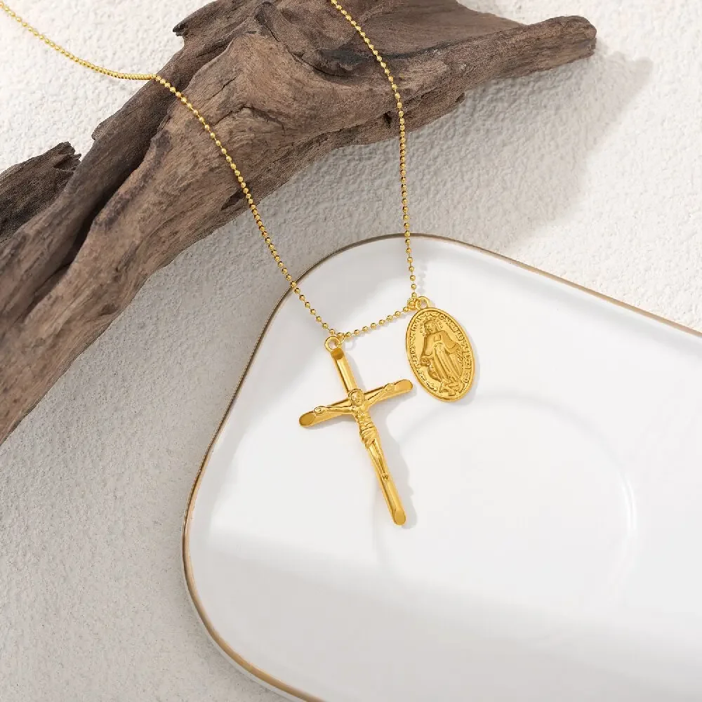 Goth Suffering Jesus Cross Pendant Neckalce Stainless Steel Round Bead Chain Virgin Mary Oval Choker Vintage Jewelry Wholesale