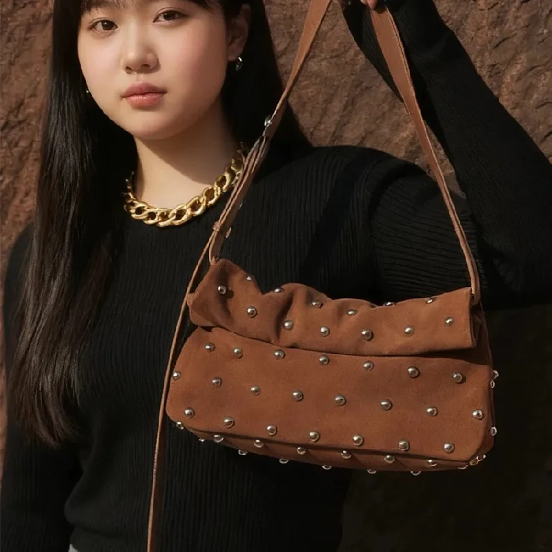 Designer Luxury Shoulder Bag Women New High End Quality Suede Rivet Decoration Handbag Moto Styling Vintage Casual Female Bags