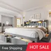 King Size Bed Frame with 4 Storage Drawers, Upholstered King Bed Frame and headboard with 2-Tier Shelves,Mattress Foundation 1