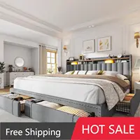 King Size Bed Frame with 4 Storage Drawers, Upholstered King Bed Frame and headboard with 2-Tier Shelves,Mattress Foundation 1
