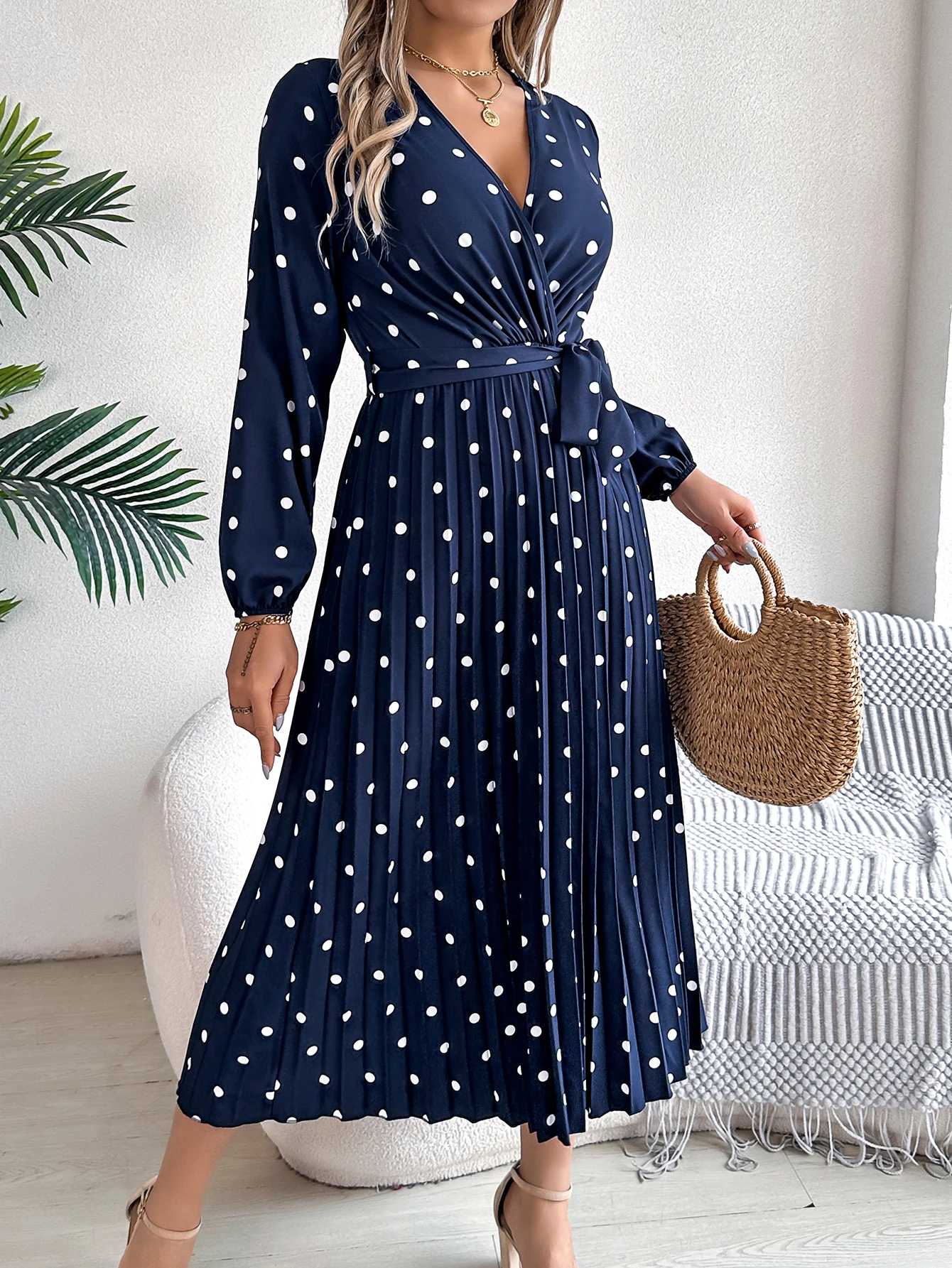Elegant Long Sleeve Polka Dot Bridesmaid Dress