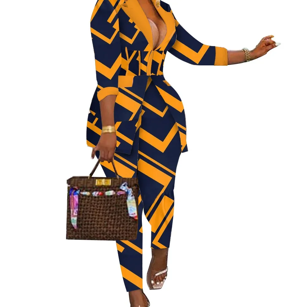 Blazer Women and Pants Two Piece Set 2023 Autumn Winter Fashion Versatile Print Long Sleeves Coats Trousers Female Streetwear