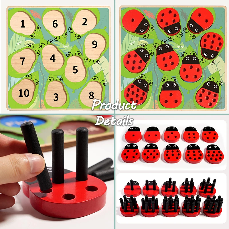 Wooden Ladybug Stick Counting Game Montessori Math Toys for Toddlers Learning Numbers Matching Sensory Educational Toys