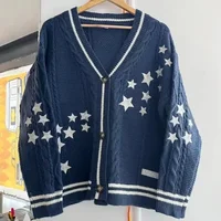 Y2k Sweaters Women Autumn Star Embroidery Midnight Blue Cardigan Fashion Warm Loose Fit Lover Cotton Knitted Cardigans Women 2