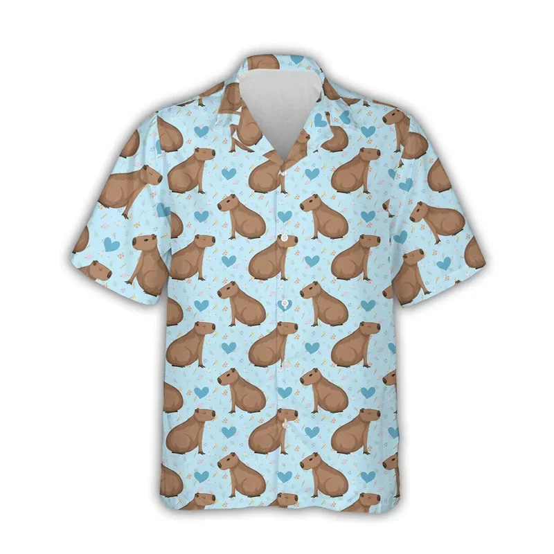 Kawaii Capybara Pattern Shirt Men's 3D Printed Hawaii Aloha Beach Men's Shirt Short Sleeve Cool Top Lapel Shirt 5