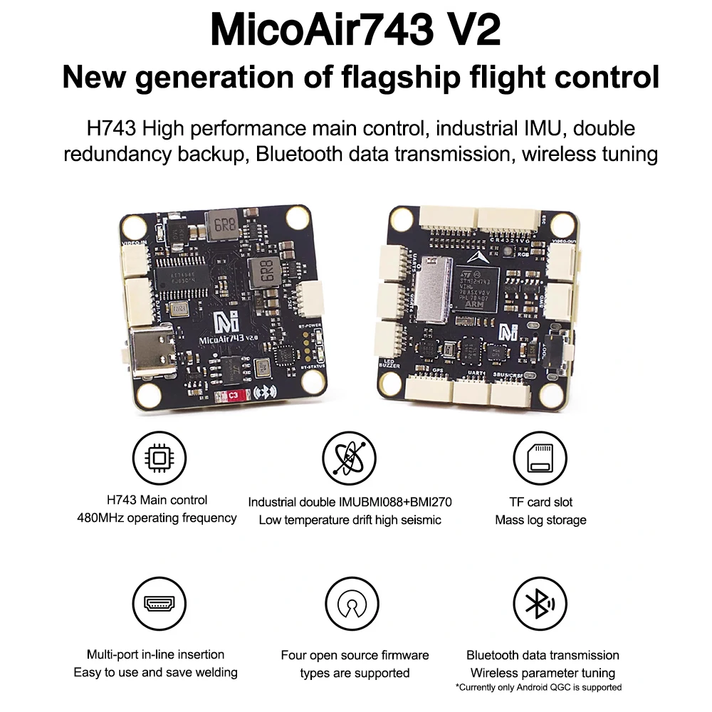 MicoAir 743 V2 듀얼 IMU 블루투스 매개변수 조정 비행 제어는 H743 메인 컨트롤 480MHz 작동 주파수를 지원합니다.