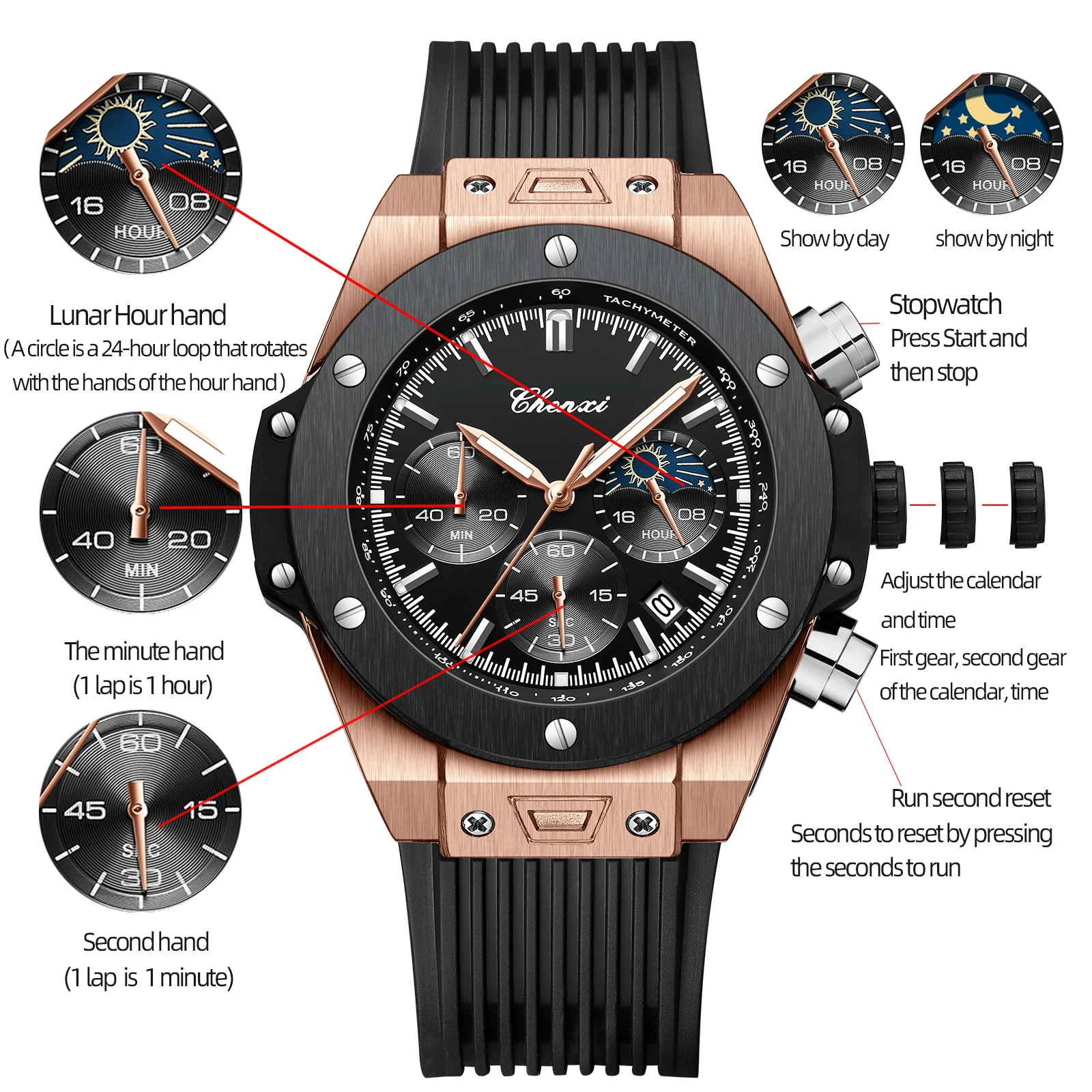 イタリア製　メンズ　最高級品　ＸＬ　黒紺　美品良品 Fashion Chenxi Business Mens Watches Top Luxury Brand Quartz
