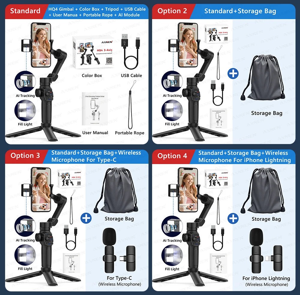 Description Picture 2 of itemAXNEN HQ4 Photography Follow Focus 3-Axis Handheld Gimbal Phone Stabilizer with AI Tracker Fill Light Extension Rod for Mobile