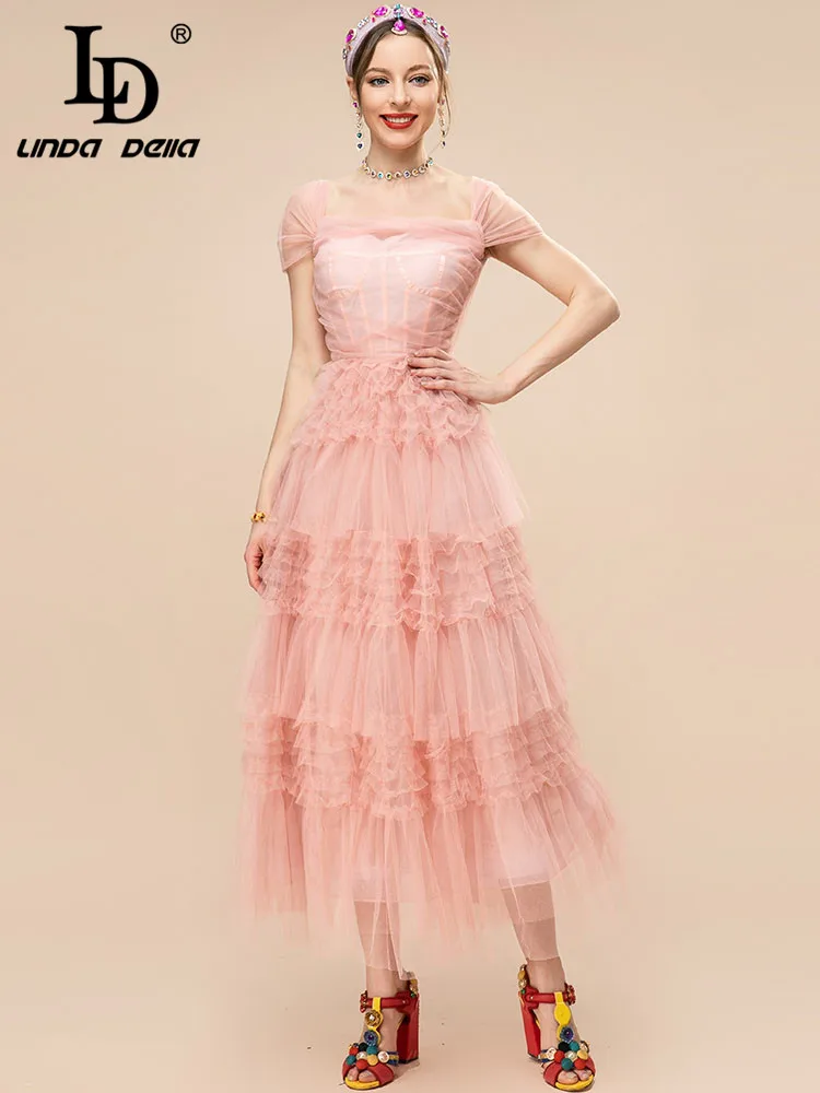 

LD LINDA DELLA Fashion Designer Summer Dress Women Square Collar Short sleeve Ruffles High waist Mesh Pink Long Party Dress