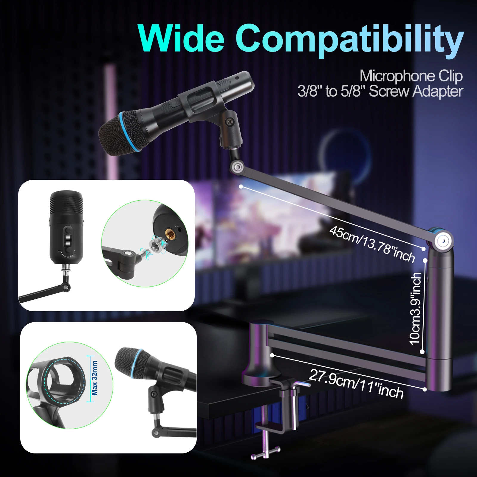 Boom Arm 360&deg; Rotatable Low Profile Microphone Stand 4-Use Foldable Mic Arm Holds Up to 1.5kg with 3/8'' to 5/8'' Screw Adapt