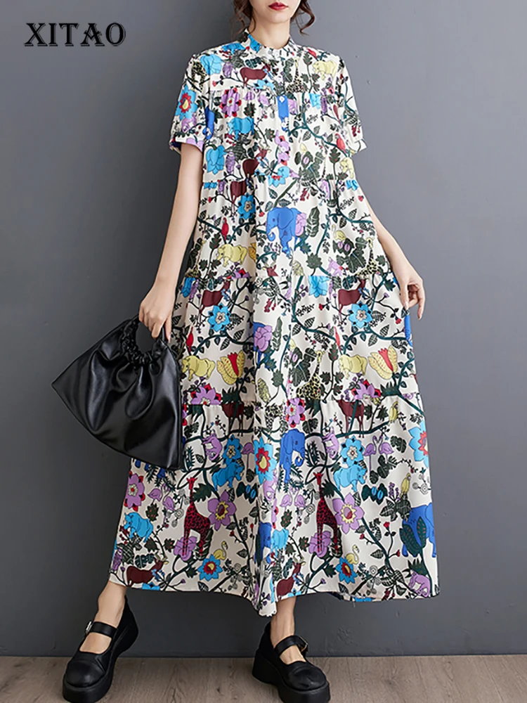 

XITAO Animal Print Casual Dress Loose Fashion Female Slimming All Match Short Summer Pullover A-line Simplicity Dress DMJ4074