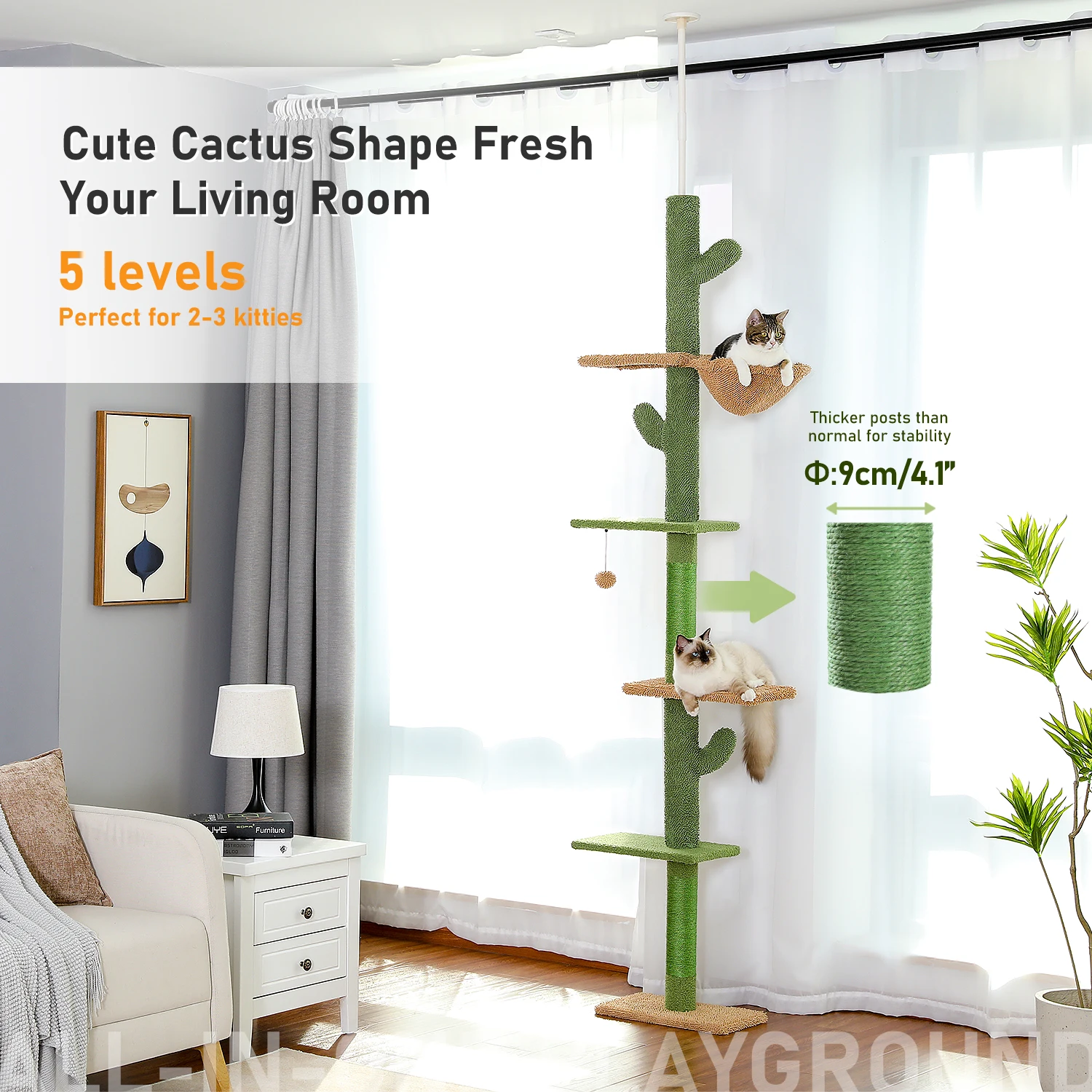 Adjustable 228-274cm Height Floor-to-Ceiling Vertical Cat Tree Stable Tall Cat Climbing Tree Cat Kittens Cat Toy 3