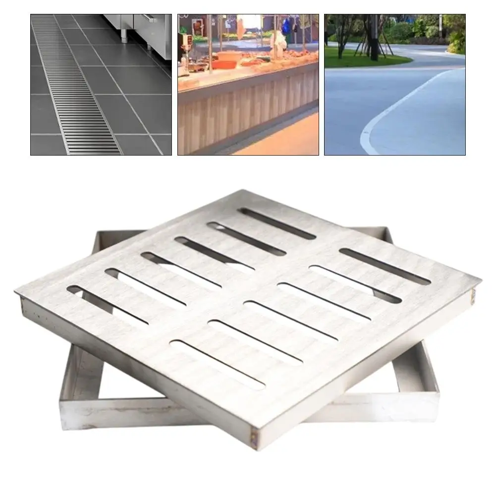 Stainless Steel Drain Grate 1pc Outdoor Drainage Cover Channel Grate Double-row Hole Rainwater Floor Drain With Frame