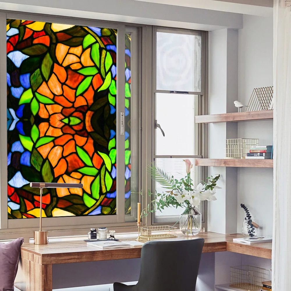 Description Picture 5 of itemColorful Retro Flower Birds Window Glass Electrostatic Stickers Removable Window Privacy Stained Decorative Film for Home Office