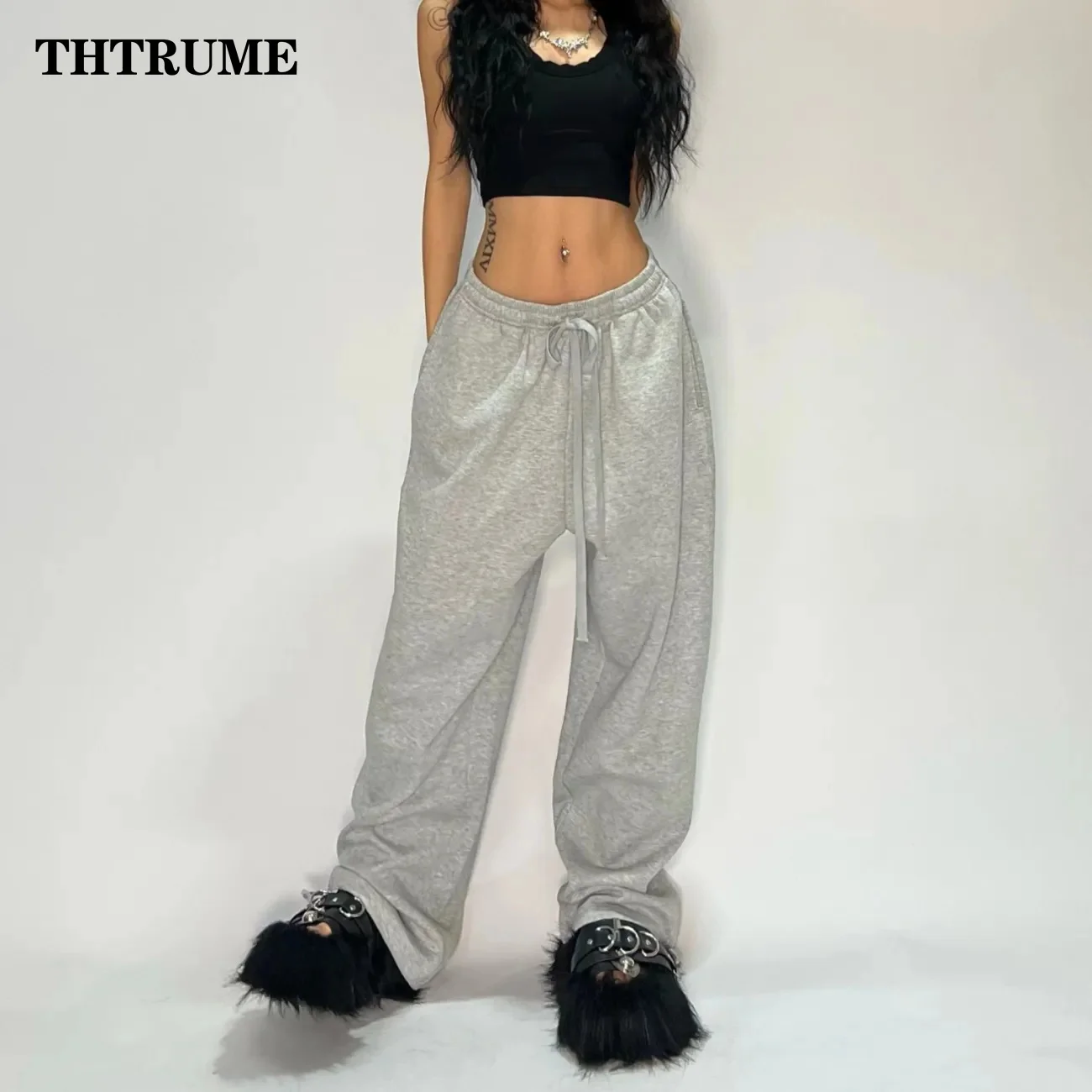 Casual Women Solid New Pant Fashion Summer Oversized Vintage Pocket Drawstring Wide Leg Pants Elegant Loose Baggy Chic Trousers 2