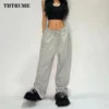 Casual Women Solid New Pant Fashion Summer Oversized Vintage Pocket Drawstring Wide Leg Pants Elegant Loose Baggy Chic Trousers 2