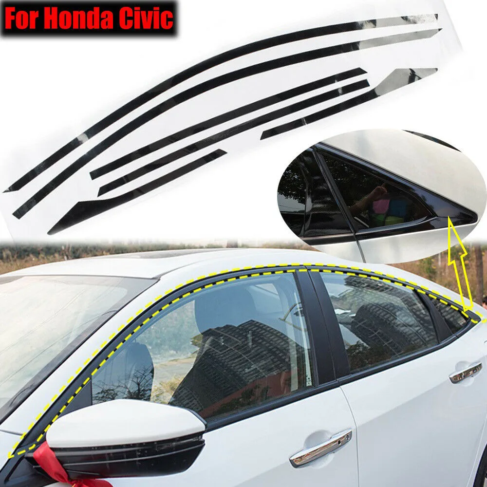 6PCS Glossy Black Chrome Delete Blackout Casement Trims For Ho Nda Civic Sedan 16-20 Auto Decals Exterior Decor Accessories