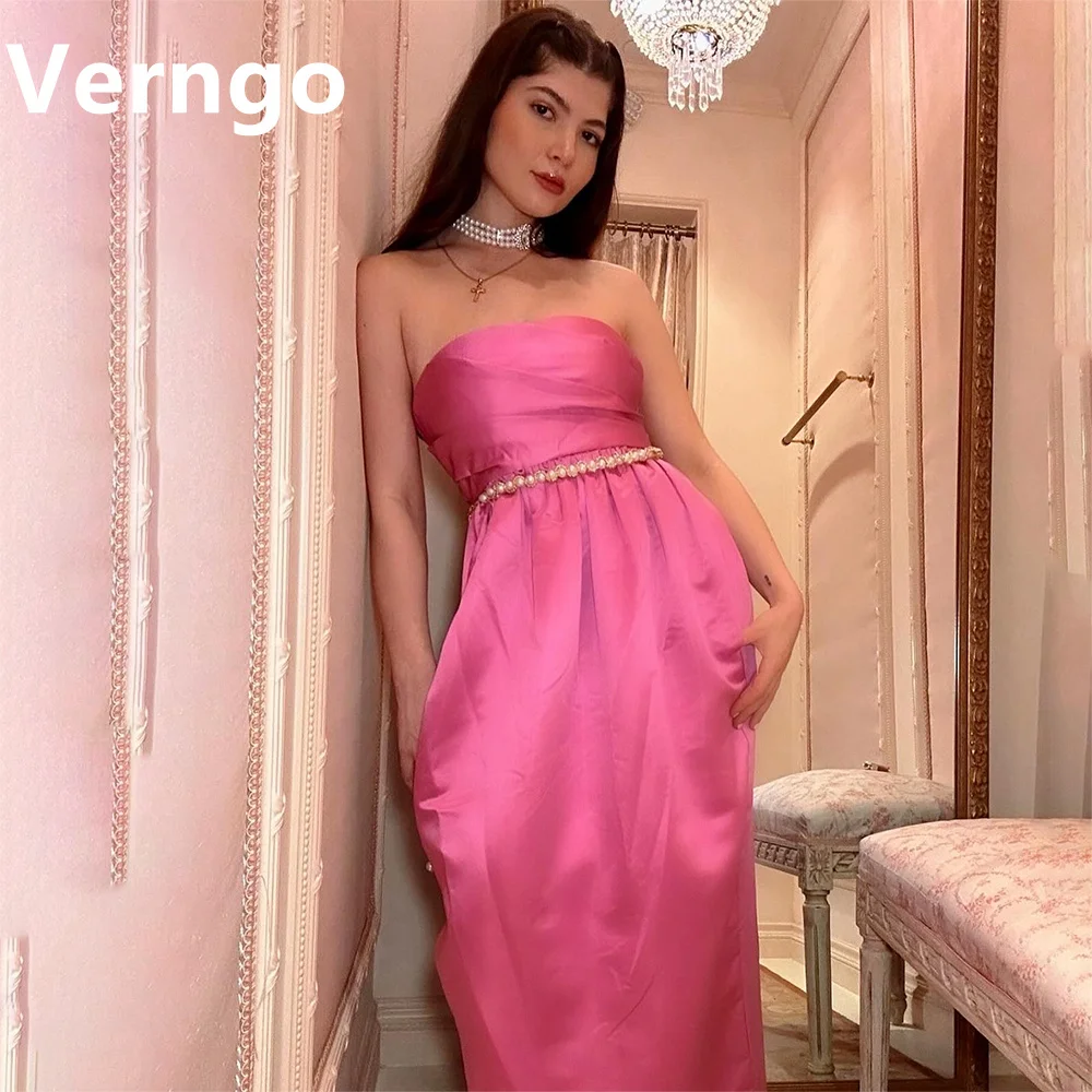 

Verngo Pink Satin Party Dress For Women Strapless Sleeveless Prom Gowns Simple Pearls Evening Dress For Formal Occasion