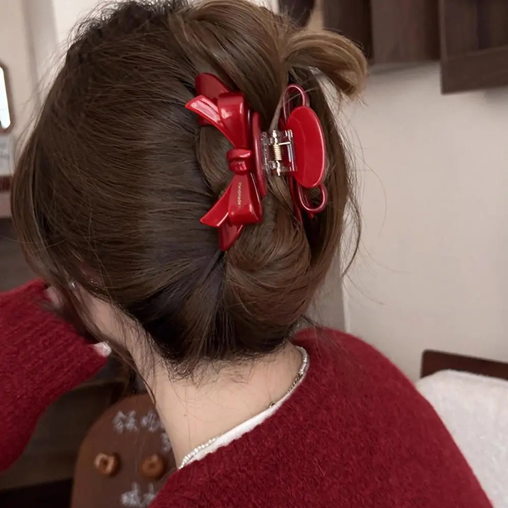 

New Year Red Bow Acetic Acid Hair Claw Sweet Cute Exquisite Hair Clip for Women Girl Korean Trendy Headwear Jewelry Gift